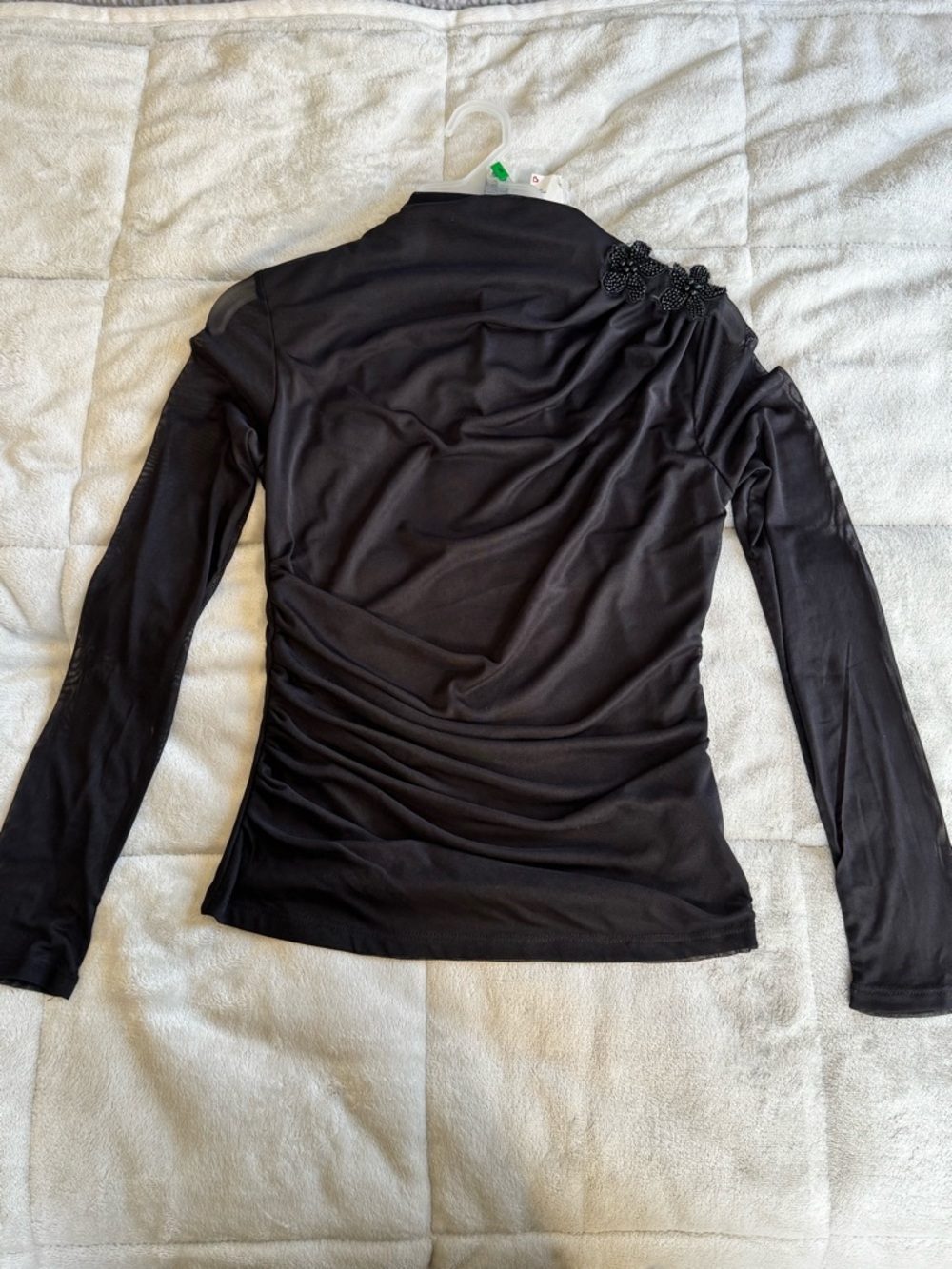 Black Long-Sleeve Ruched Top with Beaded Shoulder Detail